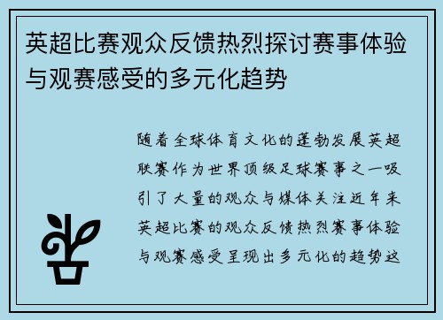 英超比赛观众反馈热烈探讨赛事体验与观赛感受的多元化趋势