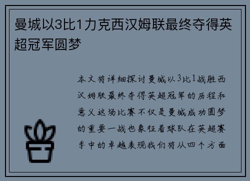 曼城以3比1力克西汉姆联最终夺得英超冠军圆梦