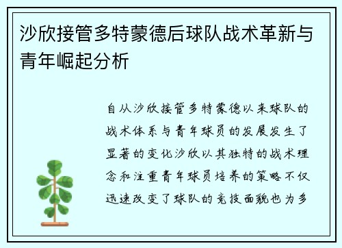 沙欣接管多特蒙德后球队战术革新与青年崛起分析